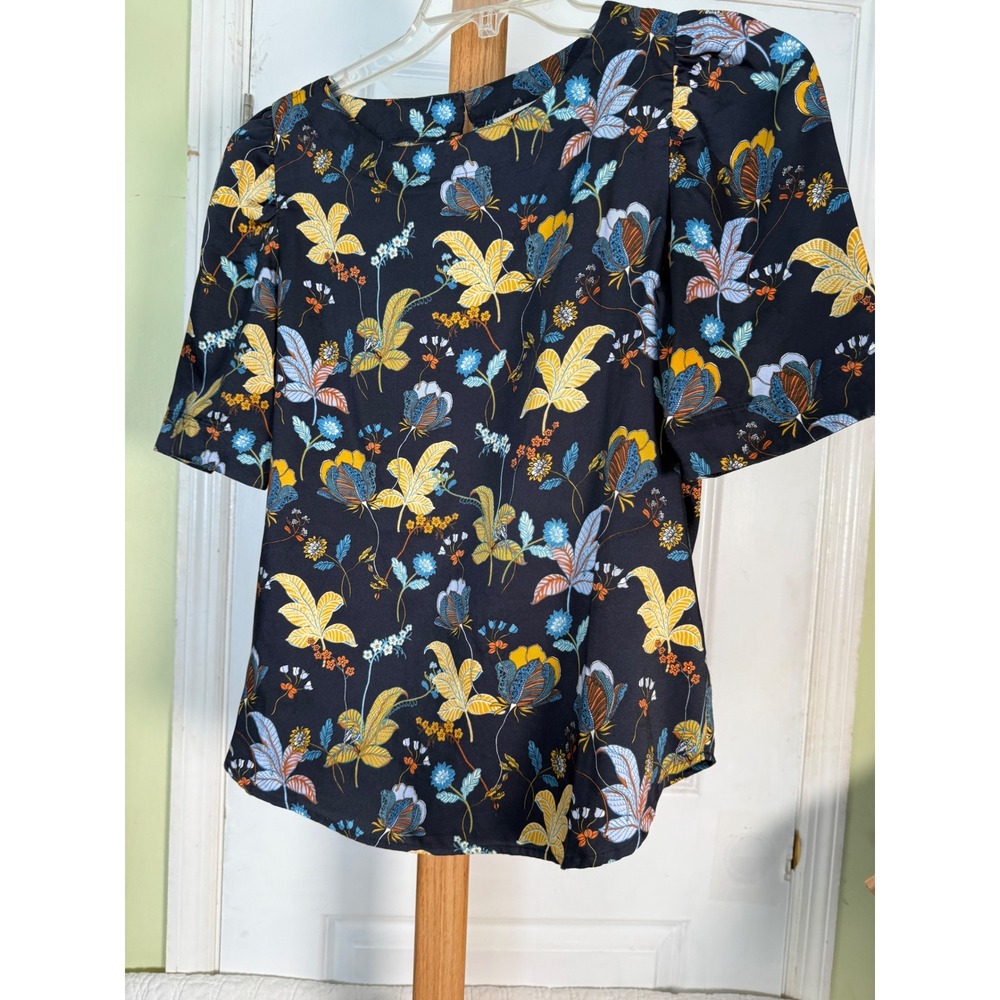 LOFT Womens Navy Blue Botanical Floral Puff Sleeve Keyhole Blouse Small